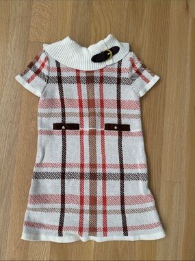 Janie and Jack Cream Plaid Knit Dress with Red and Brown Accents
